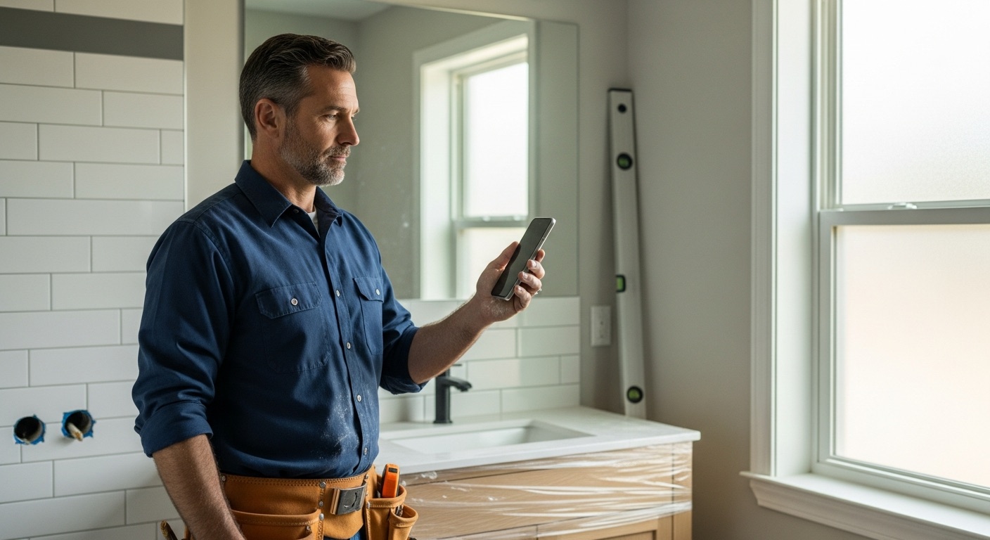 Bathroom remodeling contractor reviewing an AI estimate on his phone at a job site
