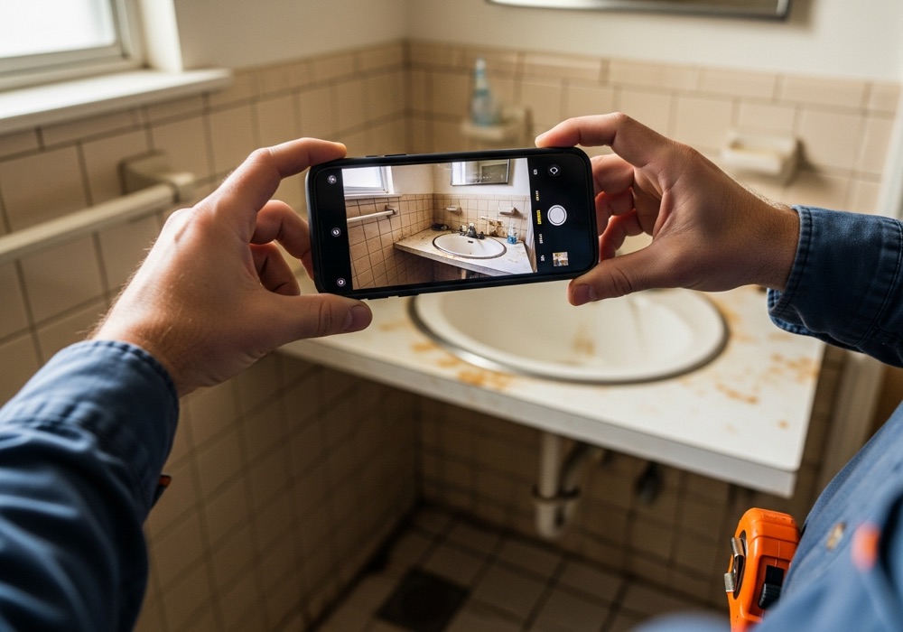 Contractor photographing a dated bathroom with a smartphone on site