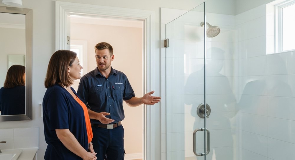 Contractor and homeowner reviewing the finished bathroom remodel together