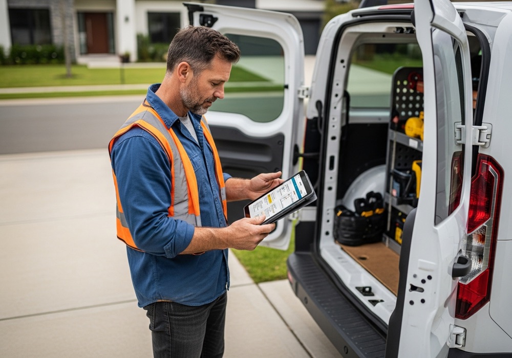 Contractor reviewing the AI-generated estimate on a tablet at the work van