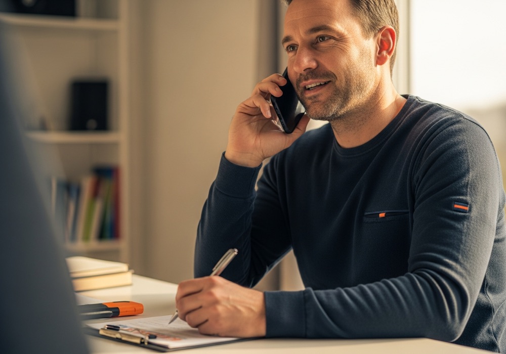 Contractor taking a follow-up call while jotting notes at his desk